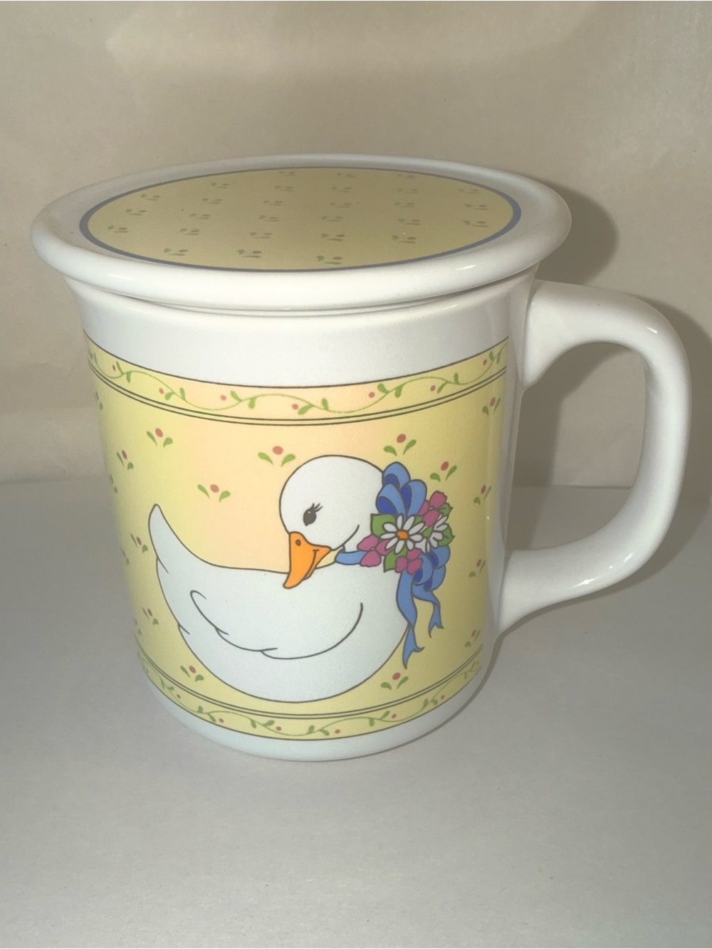 Vintage Goose Duck Floral Ceramic Mug w/ Lid Yellow Blue Cottage Farmhouse